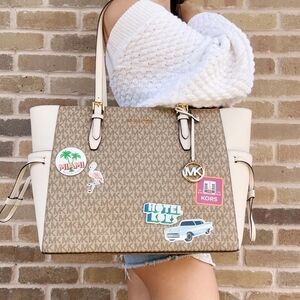 Michael Kors Gilly Large Zip Tote Light Cream MK Signature Miami Palm Tree